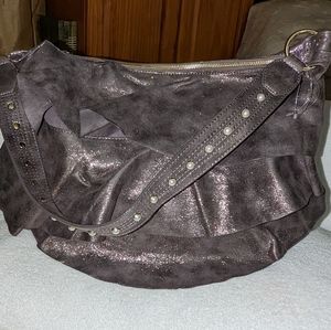 Betsey Johnson shimmering silver/pewter ruffled hobo shoulder bag.